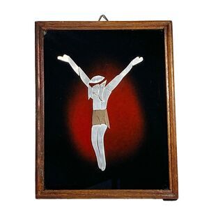 Vintage Crucifix Jesus Christ Art Framed Metal Glass Catholic Christian Wood